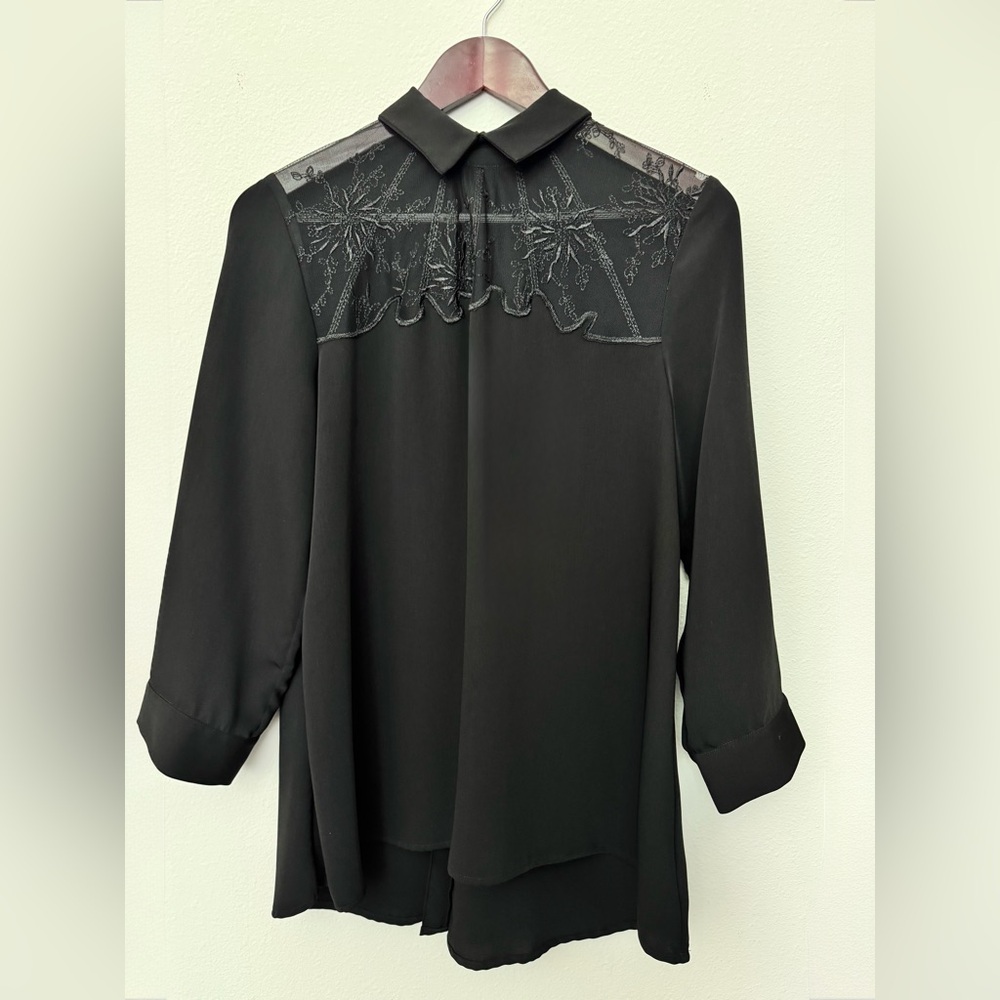 Anne Fontaine Sirena Black Lace 3/4 Sleeve Puff Shoulder Tunic Blouse Size US 6